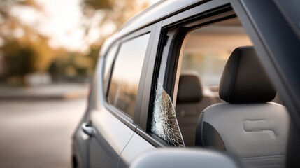 Fototapeta premium View from outside a black Kia Soul with tinted windows, showing shattered glass and early morning light illuminating the scene