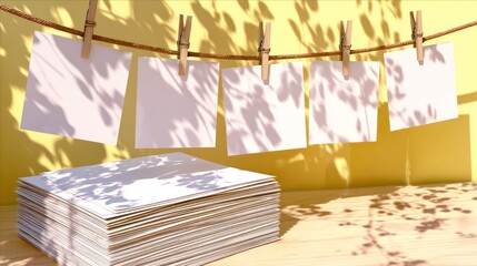 Stack of blank square papers hangs on clothesline against bright yellow wall casting foliage shadows
