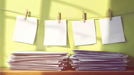 Blank white papers clipped to a string hang above stacked sheets on a wooden surface against a pastel wall