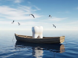 Giant White Tooth Floating in a Wooden Boat on Calm Blue Ocean