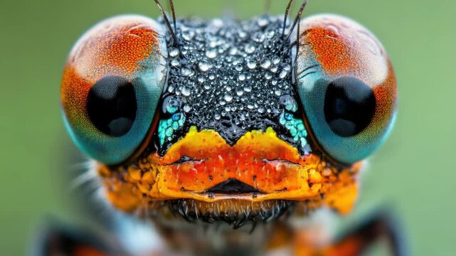A close-up of a beetle with vibrant red, yellow, blue and green colors. The iridescent scales are glistening with rain droplets.