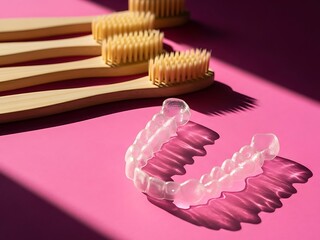 Clear Dental Aligner with Bamboo Toothbrushes on Pink Background
