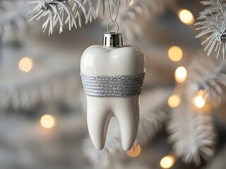 White Tooth Shaped Christmas Ornament Hanging on Snowy Pine Tree
