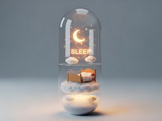 Sleep Aid Concept with Bed and Moon Inside a Pill Capsule