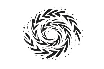 Black arrows forming dynamic spiral vortex, indicating motion, direction, and abstract energy on transparent background
