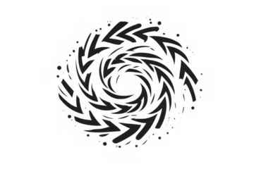 Black arrows forming dynamic spiral vortex, indicating motion, direction, and abstract energy on transparent background