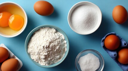 Essential dry and wet ingredients are arranged on a bright blue surface for baking preparation.