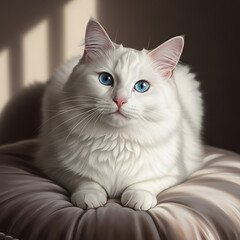 Square portrait of a beautiful white cat with blue eyes resting on a blue cushion