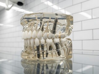 Transparent jaw model showing dental implants and tooth roots