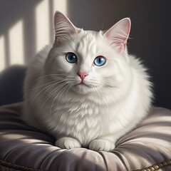 Square portrait of a beautiful white cat with blue eyes resting on a blue cushion