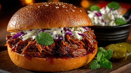 Juicy pulled pork sandwich topped with coleslaw and fresh herbs.