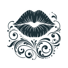 Stylized kiss mark design with floral embellishments  