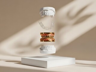 Luxury dental presentation with jaw models and gold aligners