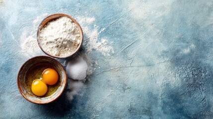 Essential baking ingredients including raw eggs and white powder are arranged on a textured blue surface from above