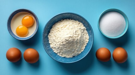 Essential baking components arranged on a bright blue surface for cooking preparation