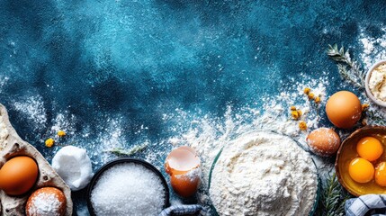 Baking ingredients are artfully arranged on a dark, richly textured blue background dusted with white powder.