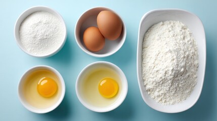 Staple baking ingredients including flour and fresh eggs are arranged on a light blue surface for food preparation