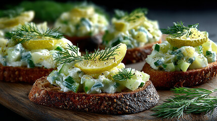 Open-faced bread topped with creamy egg salad, lemon slices, and herbs.