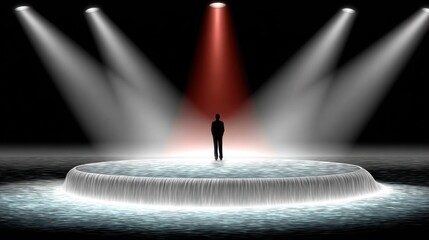 Solitary silhouette stands illuminated upon an illuminated circular stage surrounded by water