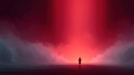 Solitary figure stands on ground divided between towering walls of water illuminated by intense red light.
