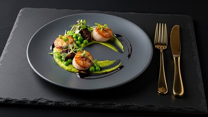 Elegant scallops dish with microgreens on modern plate