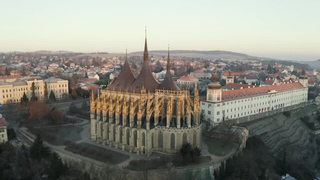 4k Aerial Drone View of St. Barbara's Church in Kutna Hora at Sunrise, 4K.  Czech Republic