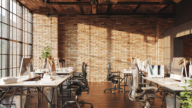 Office in old loft interior, industrial style, banner, 3d render