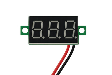 Digital voltmeter module with red and black wires displaying zeros