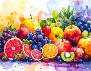 Vibrant watercolor painting of assorted fruits, showing colors blending softly against a bright, gradient background