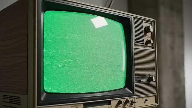 Vintage Television Displaying Green Static Screen, Evoking the Lush Color of Growing Wheat