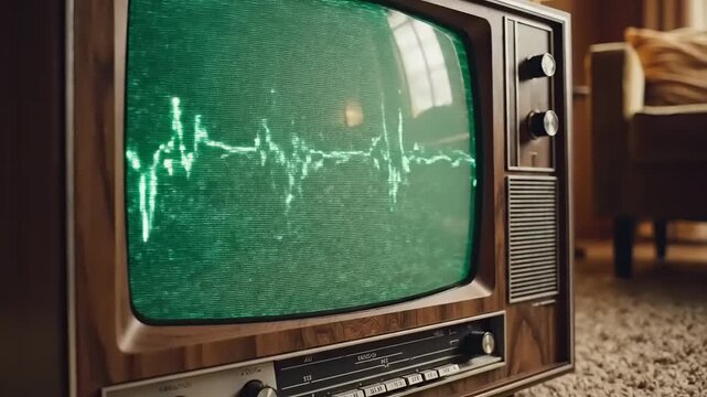 Retro Television Screen Displaying Green Waveform and Heartbeat Signal