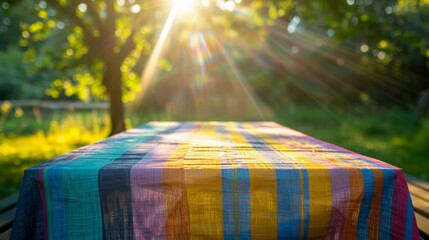 The suns rays illuminate the tablecloth its bold colors contrasting against the natural surroundings.