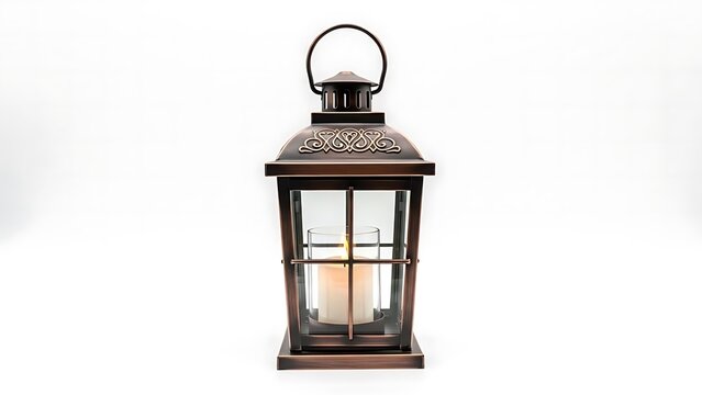 Antique bronze lantern with a lit candle inside, casting a warm glow, isolated on white background