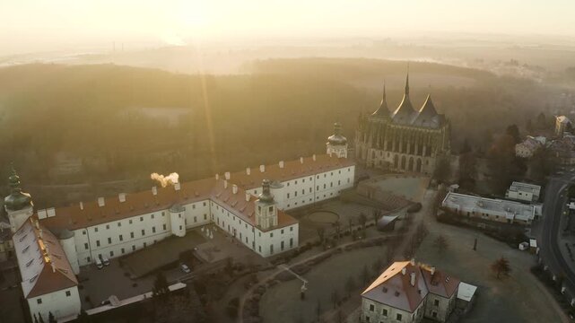 4k Aerial Drone View of St. Barbara's Church in Kutna Hora at Sunrise, 4K.  Czech Republic