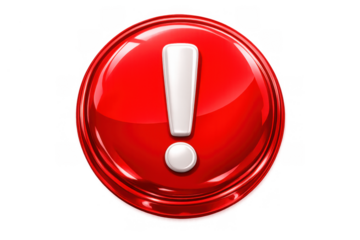 Red circular glossy 3d button showing a white exclamation mark, signaling alert, error, or critical attention, with transparent background