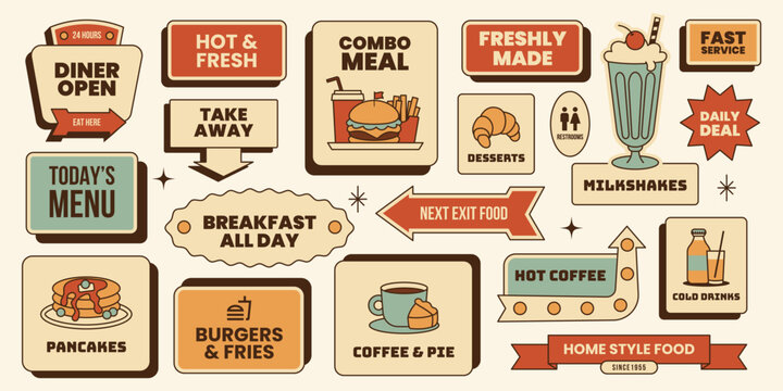 Retro sticker set. Breakfast diner signs, pancakes,burger,milkshake, croissant, arrows and more. Vector illustration in vintage colors mid century 50s, food flyer,travel design,restaurant menu
