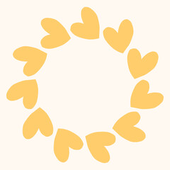 Simple circular frame made of bold yellow heart shapes arranged in a clean, modern ring. Minimal and playful design perfect for Valentines Day, love themed graphics, cards, stickers, and invitations