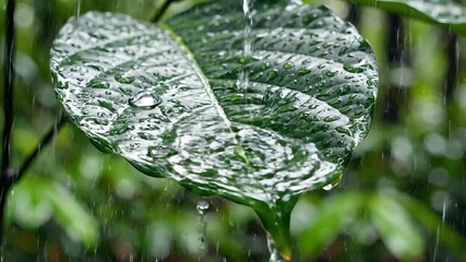 Closeup view of vibrant green leaf glistening with numerous clear raindrops capturing the serene beauty of nature during a refreshing downpour with water gently dripping from its tip symbolizing grow. - Powered by Adobe
