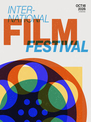 Retro international film festival poster template with abstract film reel, grainy texture, and overlapping typography. Vintage cinema event flyer design. Vector illustration