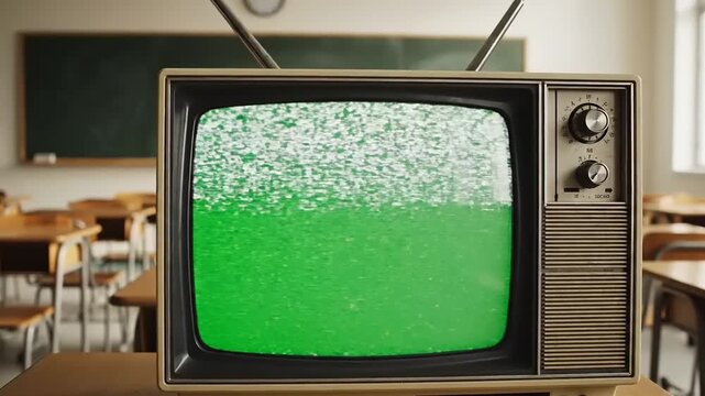 Nostalgic classroom scene with an old-fashioned Retro 1980s television Green Screen displaying static interference
