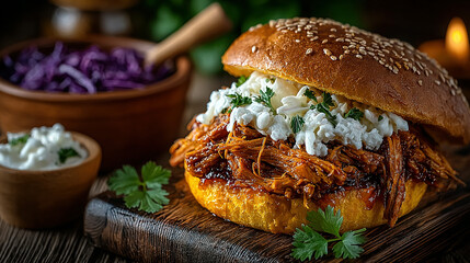 Juicy pulled pork sandwich with cheese, herbs, and sauces on a sesame bun.