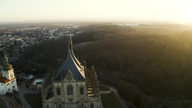 4k Aerial Drone View of St. Barbara's Church in Kutna Hora at Sunrise, 4K.  Czech Republic
