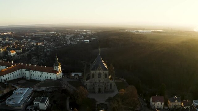 4k Aerial Drone View of St. Barbara's Church in Kutna Hora at Sunrise, 4K.  Czech Republic