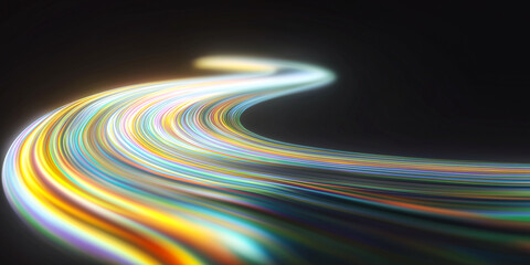 Multicolored light trails curve through a dark background, glowing with motion and depth. Perfect for tech, speed, data, and futuristic design concepts in commercial and digital use.