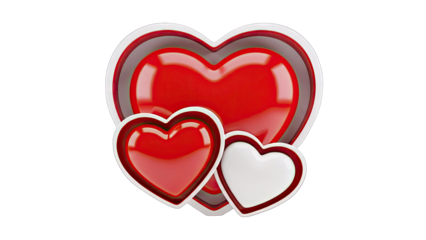Three glossy hearts, red and white, on a white background