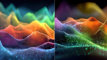 Abstract, vibrant, 3D renderings of glowing colored particles, wave-like