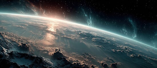 Distant planet, atmosphere glowing, sun rising, against a star-filled expanse