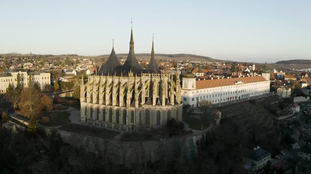 4k Aerial Drone View of St. Barbara's Church in Kutna Hora at Sunrise, 4K.  Czech Republic