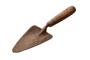 Garden trowel with wooden handle and metal blade, ready for planting, digging, and soil work, transparent background
