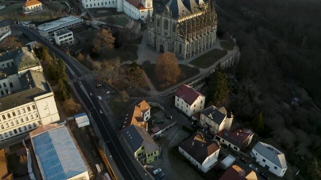 4k Aerial Drone View of St. Barbara's Church in Kutna Hora at Sunrise, 4K.  Czech Republic